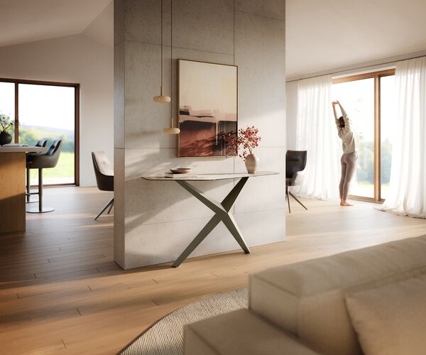 DELIFE Konzolasztal Edge poligonális 140x50 cm kerámia Minas melange fehér-bézs Zentharo fém titán színű effekt finish