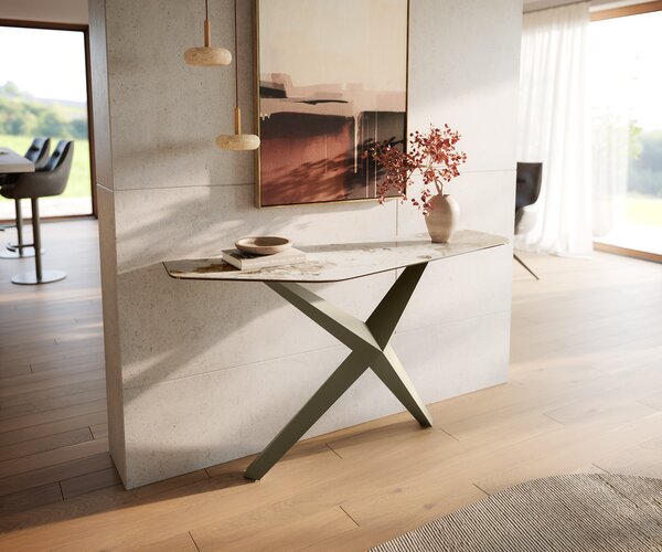 DELIFE Konzolasztal Edge poligonális 140x50 cm kerámia Minas melange fehér-bézs Zentharo fém titán színű effekt finish