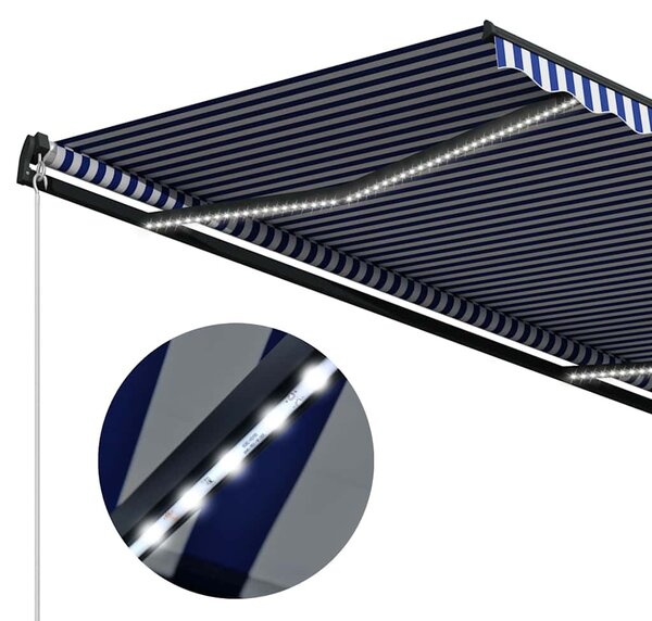 Kék és fehér szélérzékelős és LED-es napellenző 500 x 300 cm