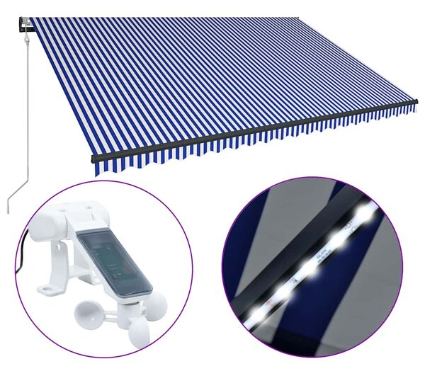 Kék és fehér szélérzékelős és LED-es napellenző 500 x 300 cm