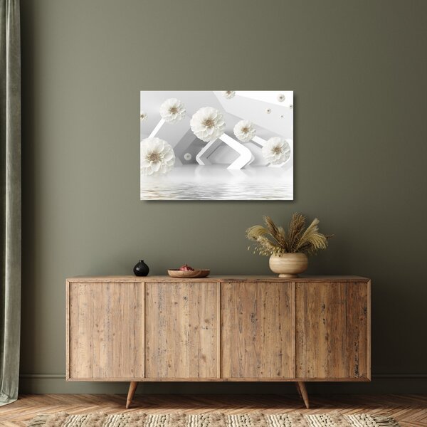 Absztrakt kép fehér virágokkal (üvegen) (70x50 cm)