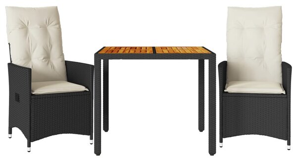 3 részes fekete polyrattan és akácfa bisztrószett párnákkal