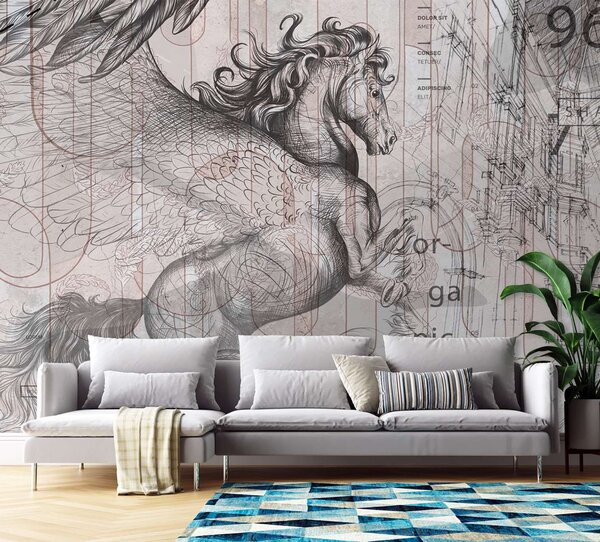 Gario Fotótapéta Pegasus - egy ijedt ló egy absztrakt grafikán Anyag: Vlies, Méret: 200 x 140 cm