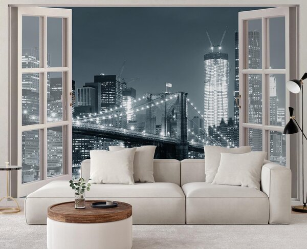 Gario Fotótapéta Ablak - New York City Brooklyn híd fekete-fehérben Anyag: Vlies, Méret: 140 x 100 cm