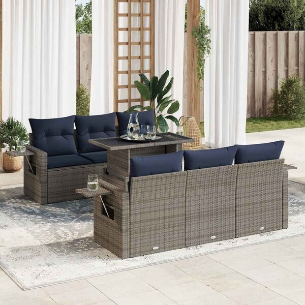 7 részes szürke polyrattan akácfa kerti ülőgarnitúra párnával