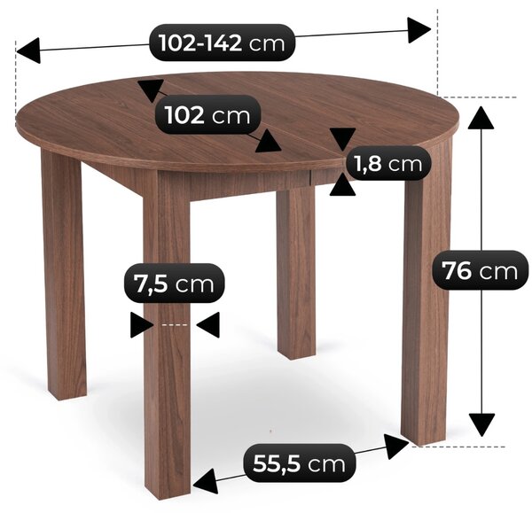 JAKS Kerek, bővíthető étkezőasztal Nicea dió dekorral, 102–142 cm, HARRY