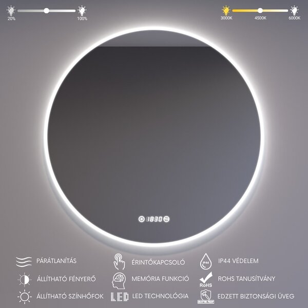 Ø80cm kerek LED tükör | Páramentesítő - Óra - Fényerő + színhőfok állítás | Welland Sidlux Luxury-Line