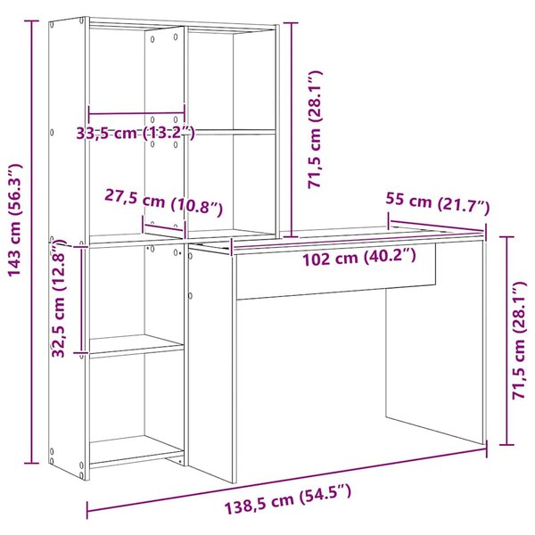 Asztal polcokkal Szürke sonoma 138.5 x 55 x 143 cm Faanyag