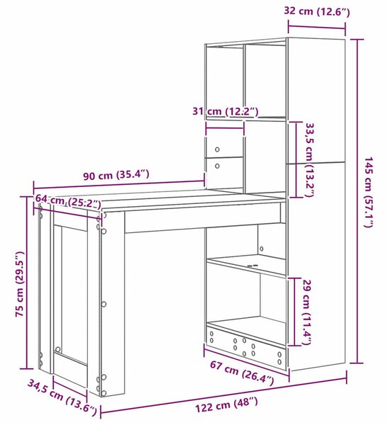 Asztal polcokkal Szürke Sonoma 122 x 67 x 145 cm Faanyag