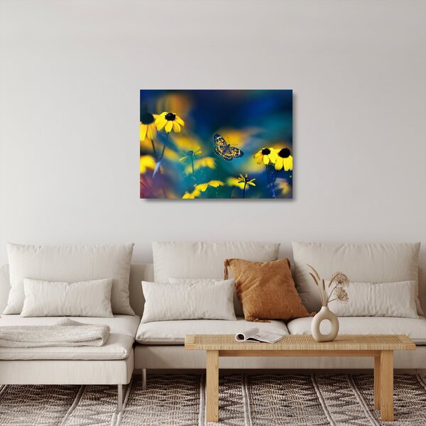 Kép - Sárga pillangó virággal (üvegen) (70x50 cm)