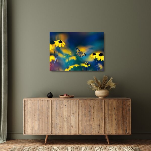 Kép - Sárga pillangó virággal (üvegen) (70x50 cm)