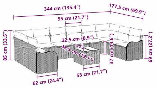 Kerti Kanapé Szett párnával 11 pcs Fekete és fehér Poli rattan
