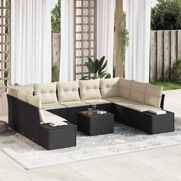 Kerti Kanapé Szett párnával 9 pcs Fekete és Krém Polyrattan