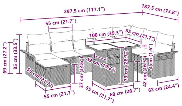 Kerti Kanapé Szett párnával 9 pcs Beige és Világosszürke