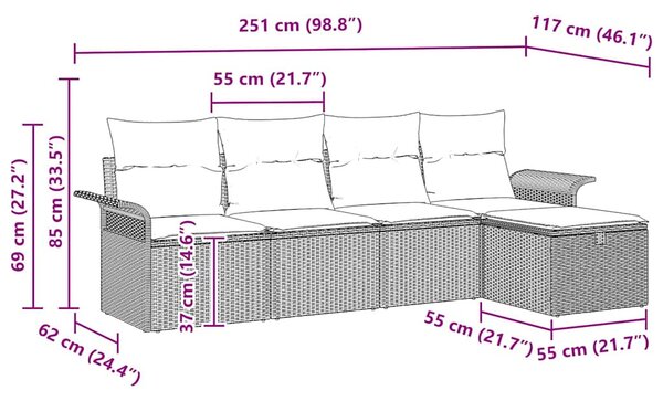Kerti Kanapé Szett párnával tárolóval 5 pcs Szürke polirattan