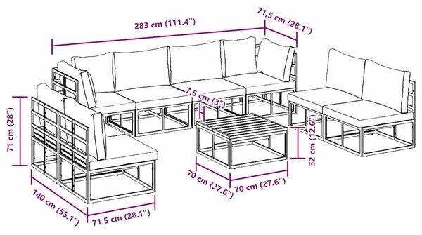 Kerti Kanapé Szett párnával 9 pcs Fekete Alumínium