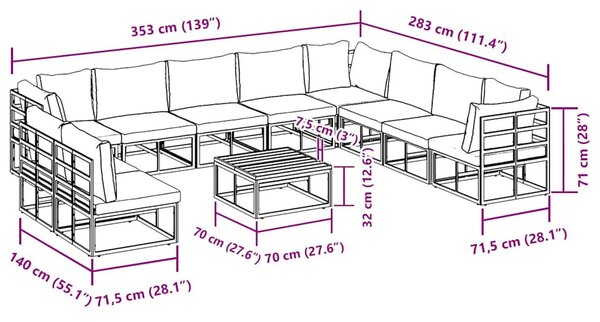Kerti Kanapé Szett párnával 11 pcs Fekete Alumínium