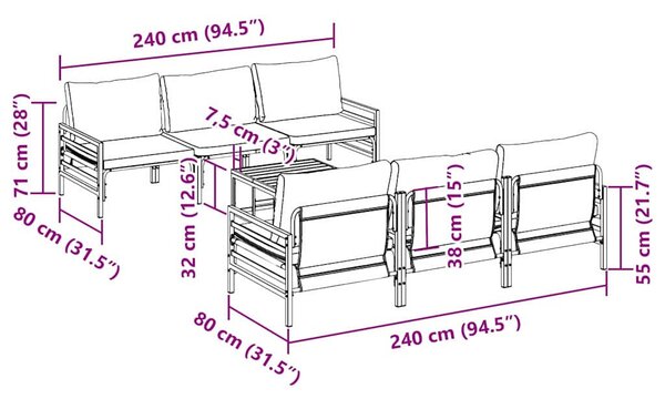 Kerti Kanapé Szett párnával 7 pcs Fekete Acél