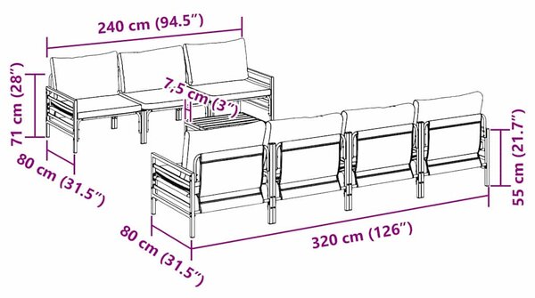 Kerti Kanapé Szett párnával 8 pcs Fekete Acél
