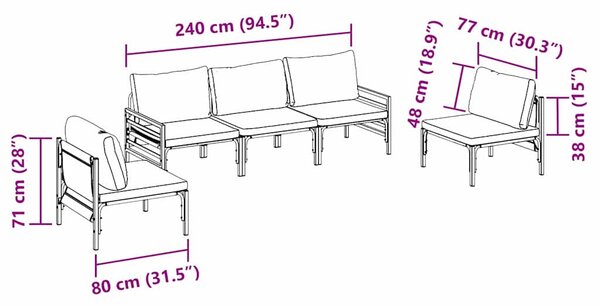 Kerti Kanapé Szett párnával 5 pcs Fekete Acél