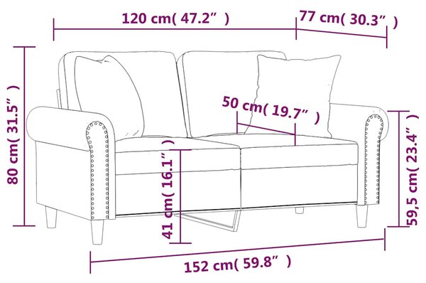 2 személyes bordó bársony kanapé díszpárnákkal 120 cm