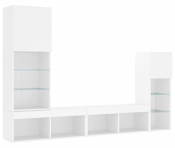 4 darab fehér szerelt fa fali TV-bútor LED-del