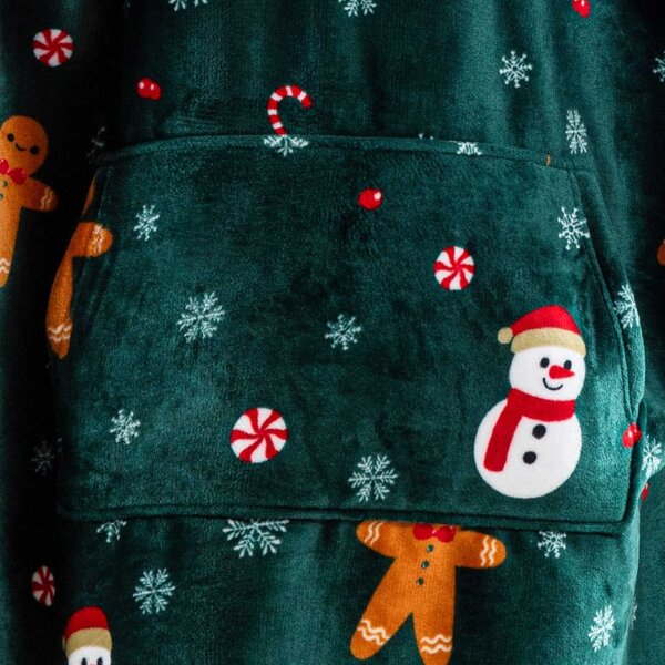SNOWMAN AND GINGERBREAD zöld báránybunda hatású kapucnis, ujjas pléd
