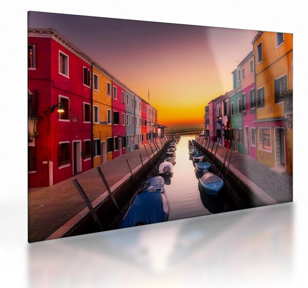 Kép - Naplemente, Burano sziget, Velence, Olaszország (üvegen) (70x50 cm)