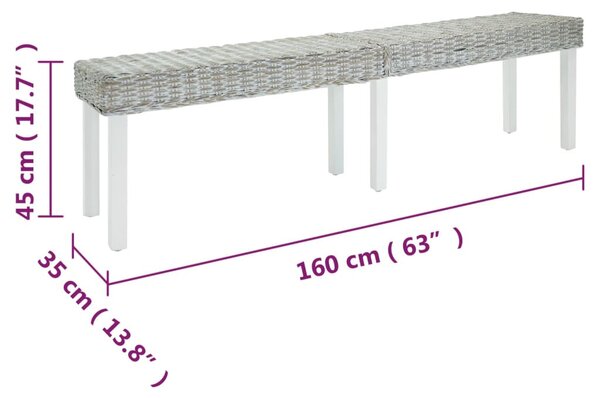 Fehér natúr kubu rattan és tömör mahagóni fa pad 160 x 35 x 45 cm