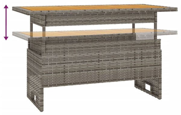 Szürke tömör akácfa és polirattan kerti asztal 100x50x43/63 cm