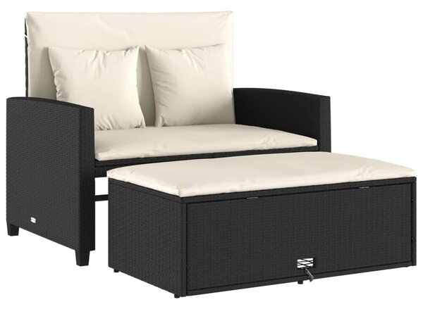 2 személyes fekete polyrattan kerti kanapé párnával