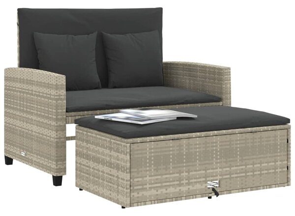 2 személyes világosszürke polyrattan kerti kanapé párnával