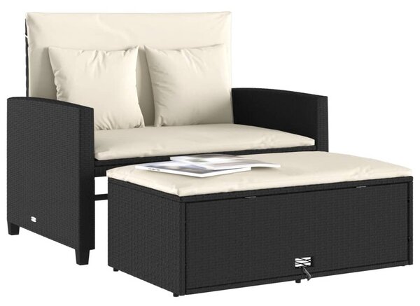 2 személyes fekete polyrattan kerti kanapé párnával