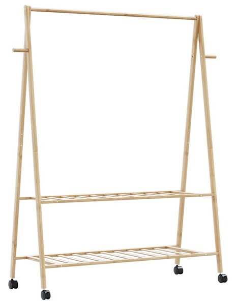 Bambusz ruhaállvány polcokkal és kerekekkel 132x45,5x155,5 cm