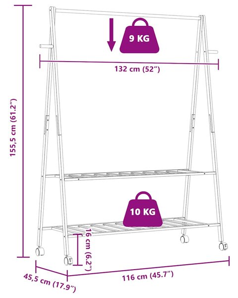 Bambusz ruhaállvány polcokkal és kerekekkel 132x45,5x155,5 cm