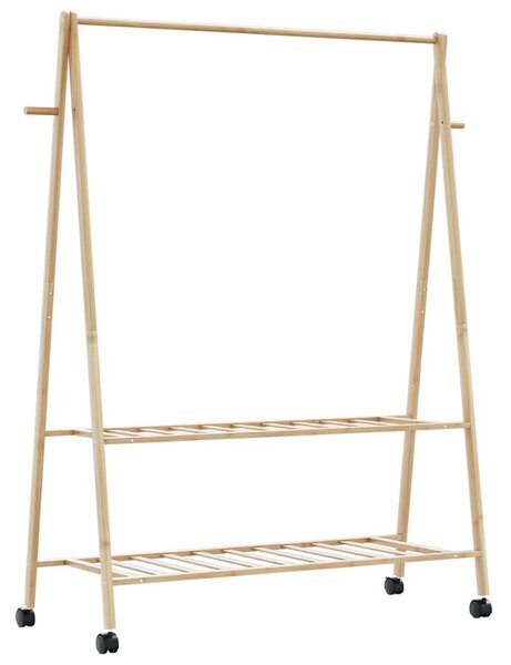 Bambusz ruhaállvány polcokkal és kerekekkel 132x45,5x155,5 cm