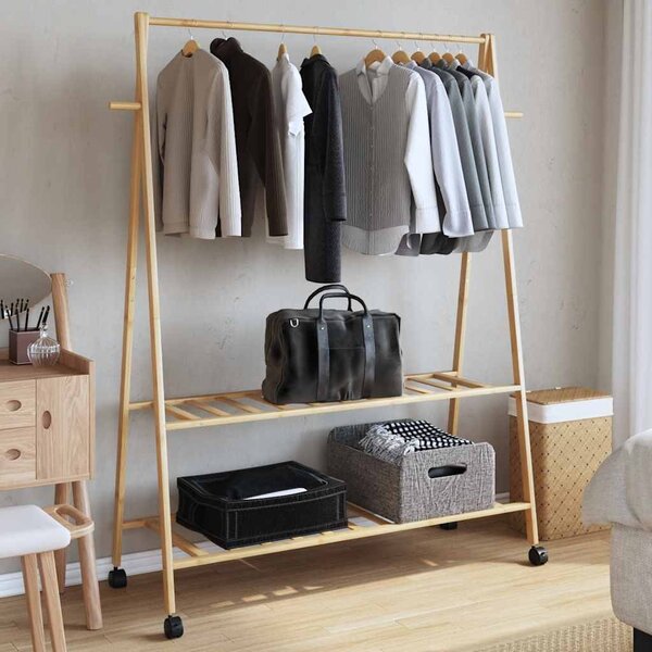 Bambusz ruhaállvány polcokkal és kerekekkel 132x45,5x155,5 cm