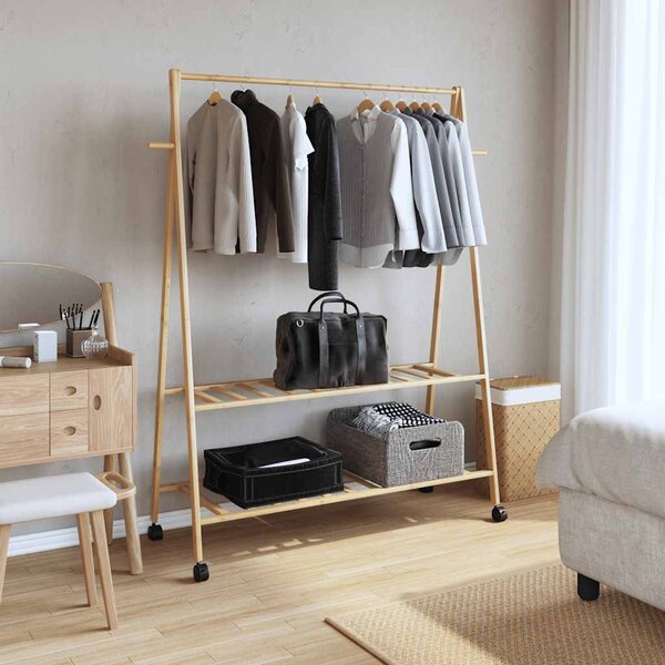 Bambusz ruhaállvány polcokkal és kerekekkel 132x45,5x155,5 cm