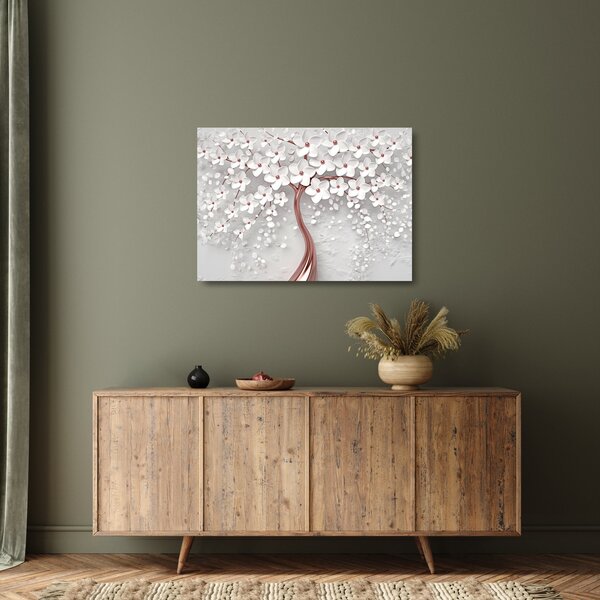 Kép - Egy fehér fa képe virágokkal, rózsaarany (üvegen) (70x50 cm)