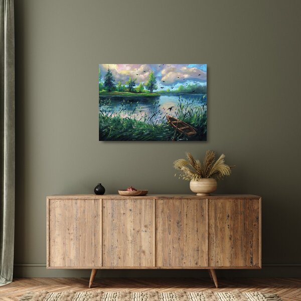 Kép - olajfestmény, Nyári este a tónál (üvegen) (70x50 cm)