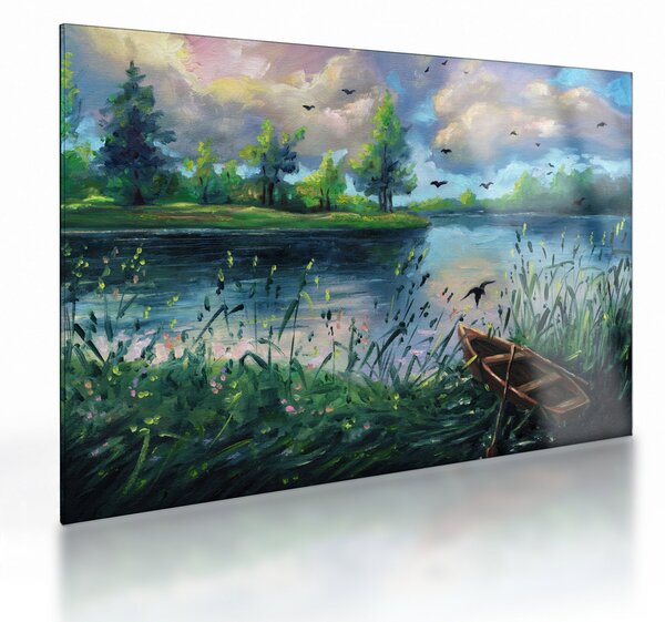 Kép - olajfestmény, Nyári este a tónál (üvegen) (70x50 cm)