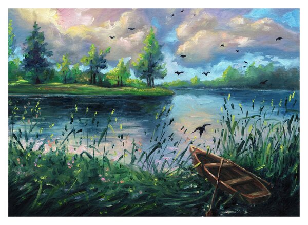 Kép - olajfestmény, Nyári este a tónál (üvegen) (70x50 cm)