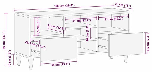 TV szekrény fiókkal Fehér 100 x 33 x 46 cm tömör mangófa