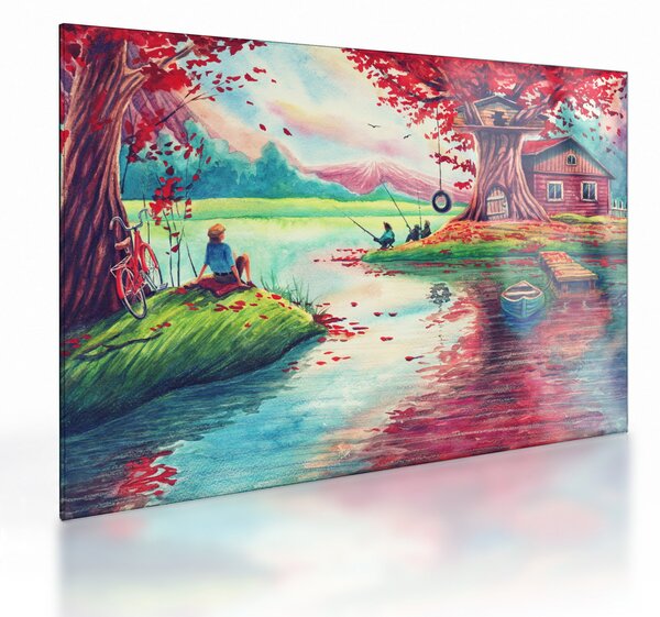 Kép - akvarell, Öböl egy hegyi faluban (üvegen) (70x50 cm)