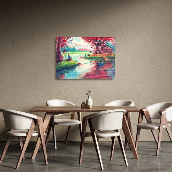 Kép - akvarell, Öböl egy hegyi faluban (üvegen) (70x50 cm)