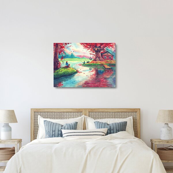 Kép - akvarell, Öböl egy hegyi faluban (üvegen) (70x50 cm)