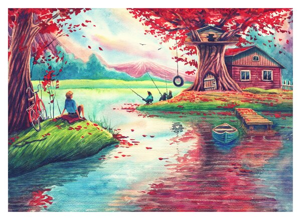 Kép - akvarell, Öböl egy hegyi faluban (üvegen) (70x50 cm)