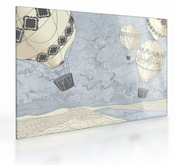 Kép - léggömbök a város felett, hűvös tónusok (üvegen) (70x50 cm)
