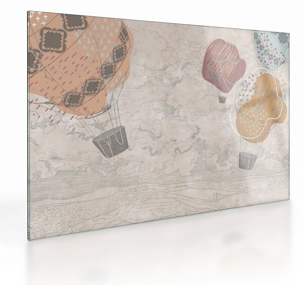 Kép - léggömbök a város felett , meleg tónusok (üvegen) (70x50 cm)