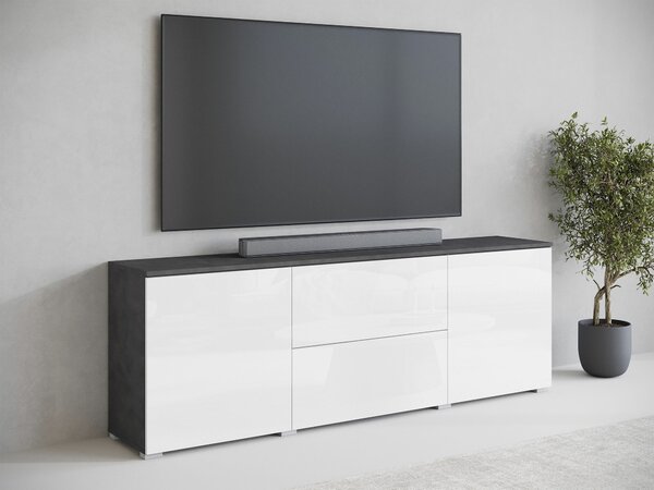 TV-állvány Mirfivo 104, Laminált forgácslap, 62x180x35cm, Fényes fehér, Matera szürke